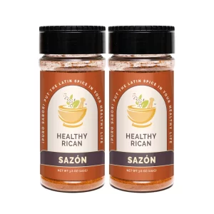 Healthy Rican Sazon seasoning mix, displayed with natural, colorful spices and herbs, emphasizing a healthier alternative to traditional Sazon.