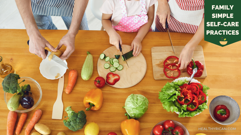 Happy family enjoying a self-care day together with simple activities like yoga, reading, and relaxing outdoors, promoting well-being and togetherness.