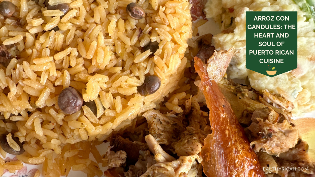 Close-up of a plate showcasing Arroz con Gandules, the iconic Puerto Rican rice with pigeon peas, seasoned with homemade Puerto Rican Sazón and Adobo. The dish is paired with tender roasted pork and a side of creamy potato salad, emphasizing the heart and soul of Puerto Rican cuisine with its rich flavors and vibrant presentation.