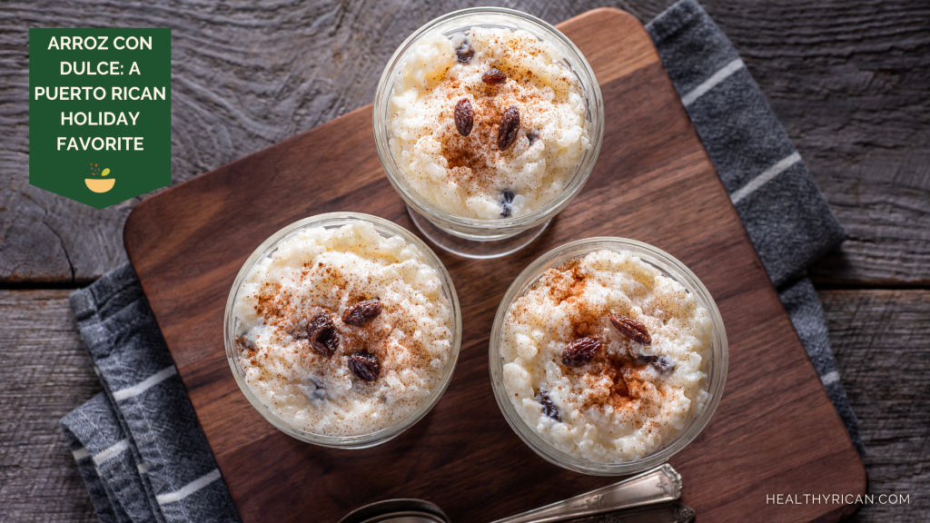 Three servings of arroz con dulce in glass bowls, topped with cinnamon and raisins, on a wooden cutting board.
