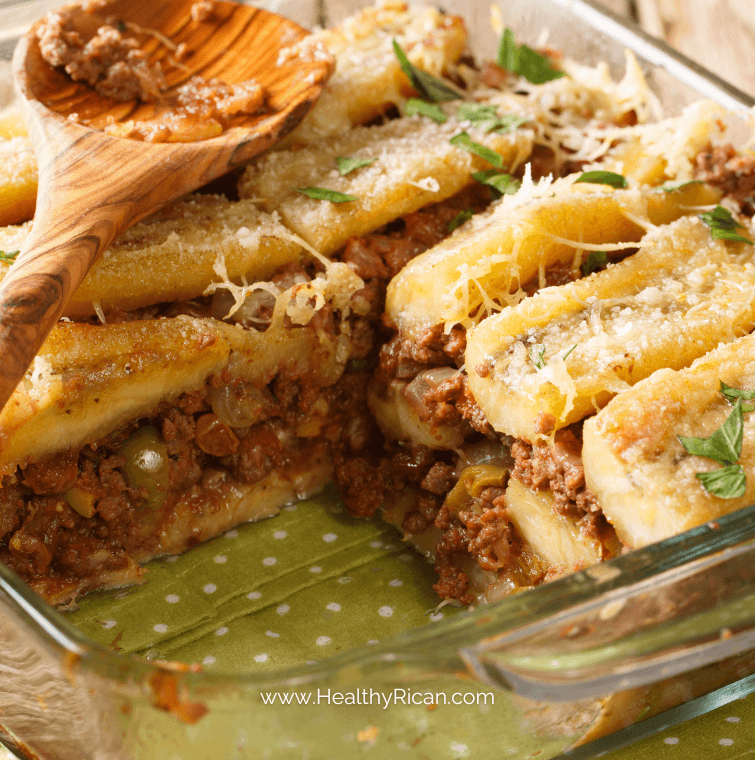A delicious close-up of Pastelón, a healthy Puerto Rican recipe made with layers of plantains, ground beef, and cheese. This savory dish is a staple in Puerto Rican cuisine, offering a perfect blend of flavors in every bite. Learn how to make this classic Puerto Rican recipe for a satisfying meal.